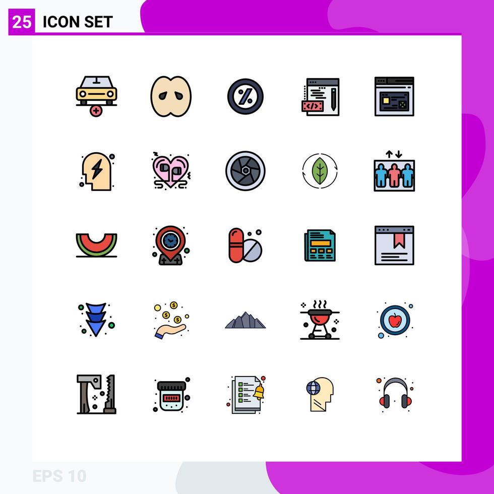 25 Thematic Vector Filled line Flat Colors and Editable Symbols of page web kitchen programming price Editable Vector Design Elements