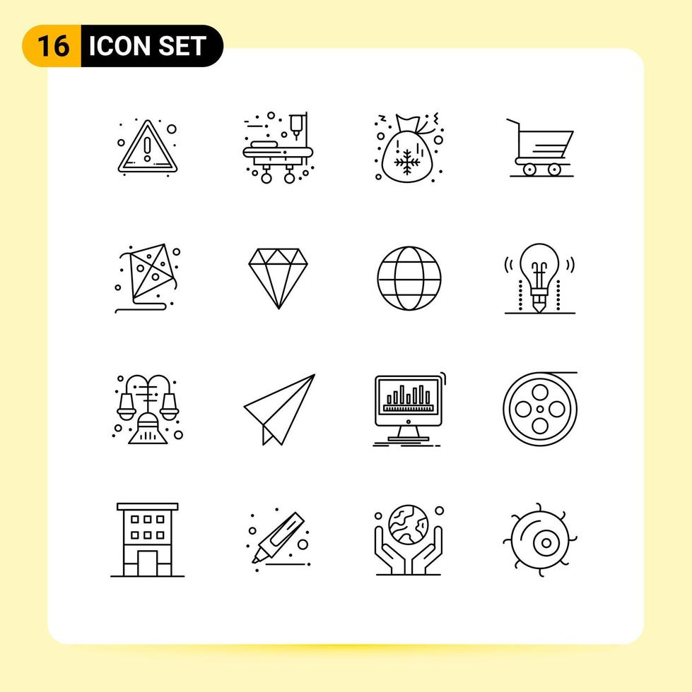 Outline Pack of 16 Universal Symbols of jewel hobby christmas fly trolley Editable Vector Design Elements