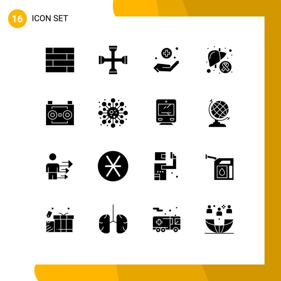 Editable Vector Line Pack of 16 Simple Solid Glyphs of audio tape sick handcare liver disease Editable Vector Design Elements
