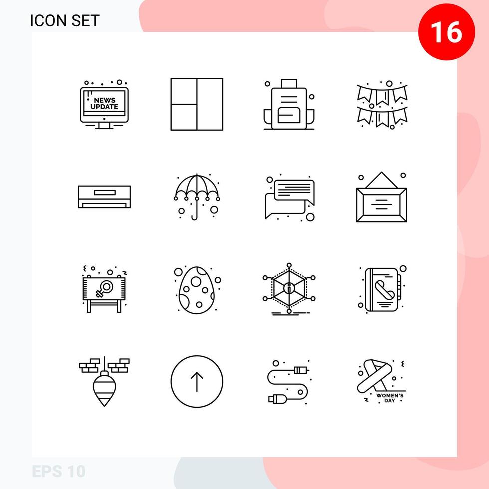Modern Set of 16 Outlines Pictograph of cooling garlands backpacking flag celebration Editable Vector Design Elements