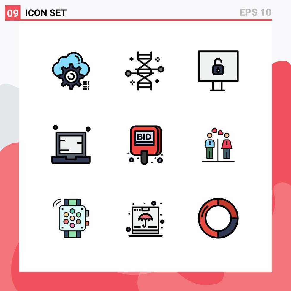 Filledline Flat Color Pack of 9 Universal Symbols of notebook electronic genetic modification device security Editable Vector Design Elements