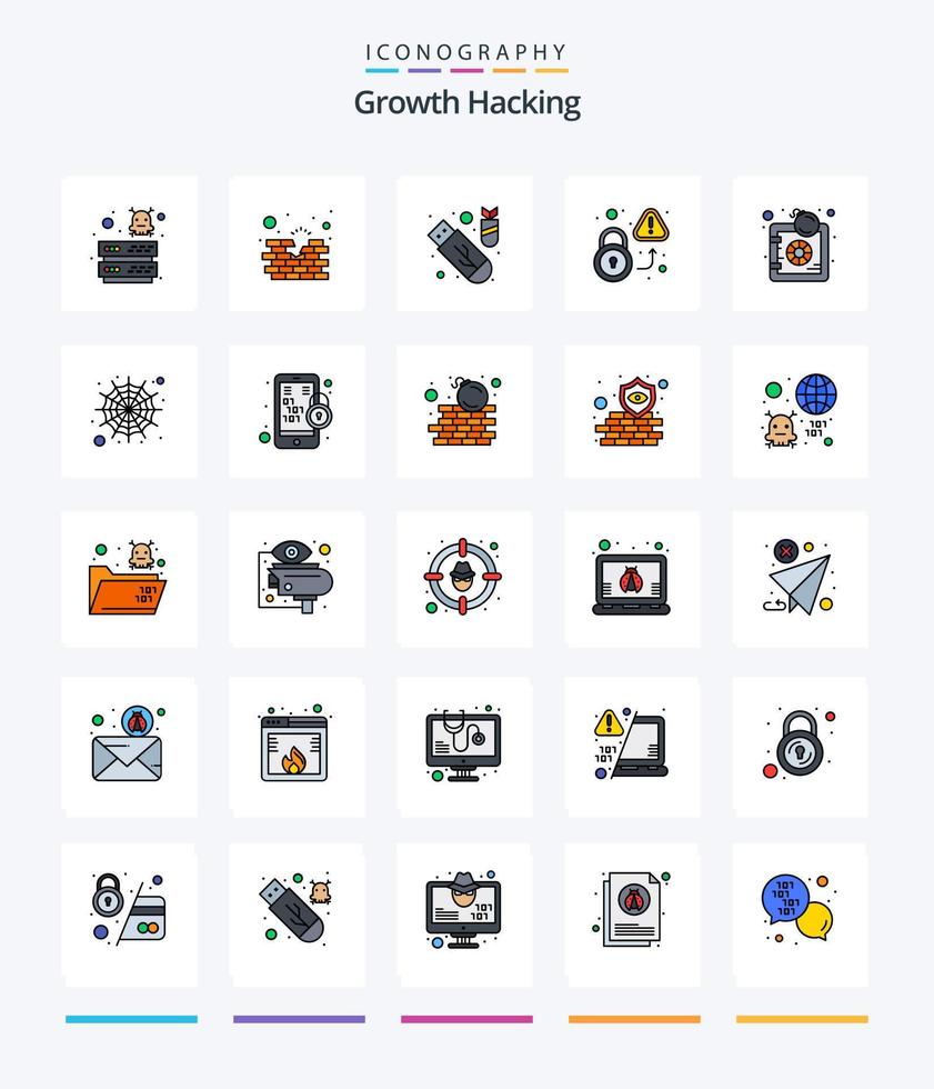 Creative Hacking 25 Line FIlled icon pack  Such As virus. unlock. wall. secured. ddos vector