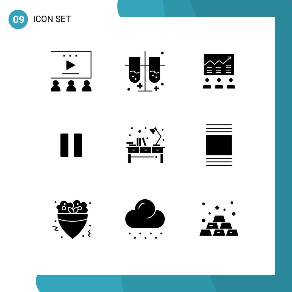 Set of 9 Vector Solid Glyphs on Grid for pause control team success efforts Editable Vector Design Elements
