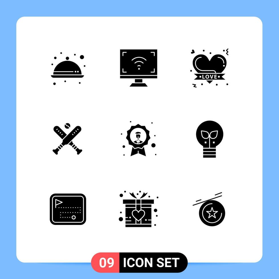 Group of 9 Modern Solid Glyphs Set for achievement bat tv baseball romantic heart Editable Vector Design Elements