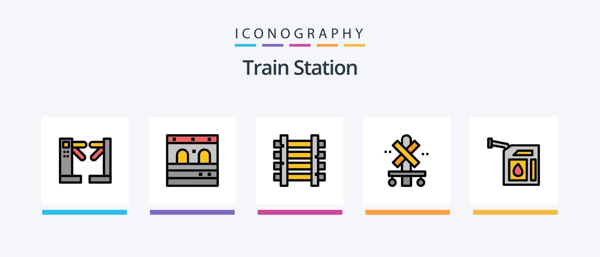 Train Station Line Filled 5 Icon Pack Including billboard. advertisement. train. clock. train. Creative Icons Design vector