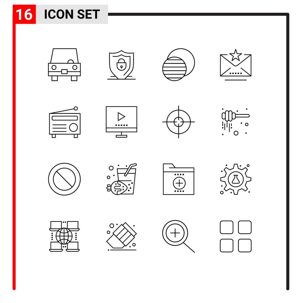 Universal Icon Symbols Group of 16 Modern Outlines of radio mark security favorite sun Editable Vector Design Elements