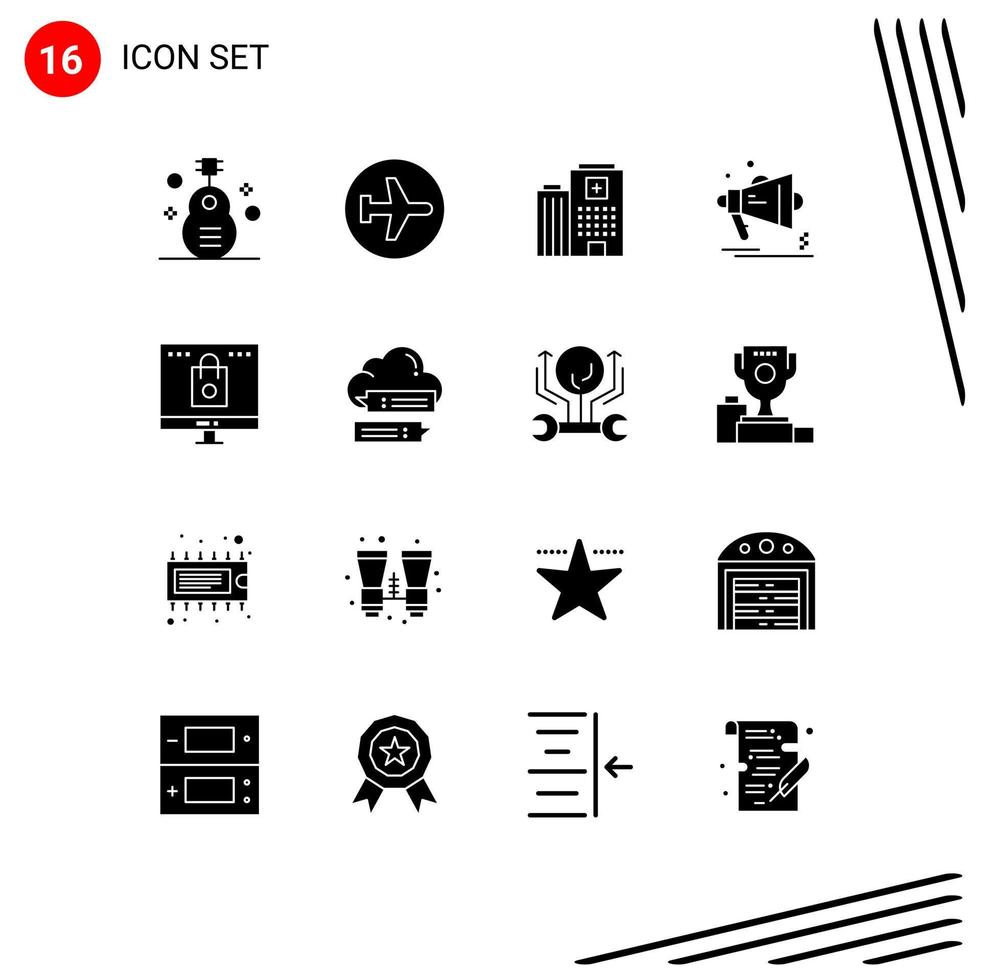 Pack of 16 Modern Solid Glyphs Signs and Symbols for Web Print Media such as announcement marketing flying advertising building Editable Vector Design Elements