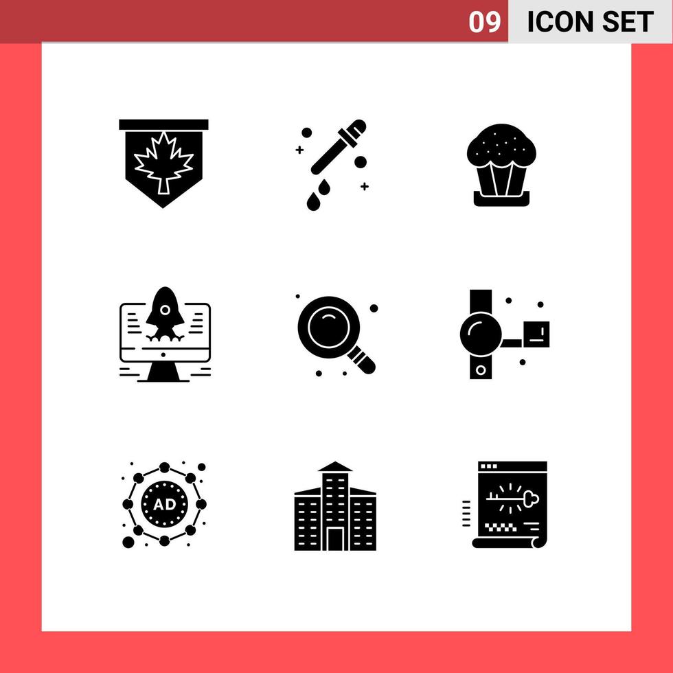 9 Universal Solid Glyph Signs Symbols of camcorder research cup search rocket Editable Vector Design Elements