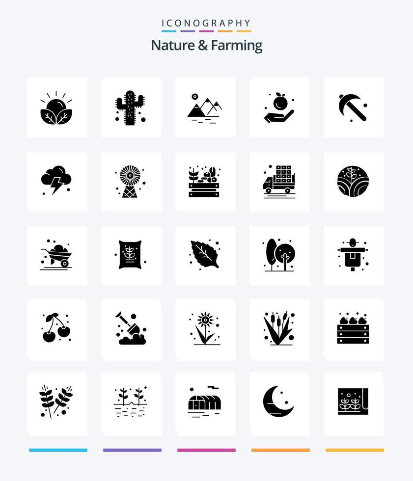 Creative Nature And Farming 25 Glyph Solid Black icon pack  Such As spade. farming. environment. apple. farming vector