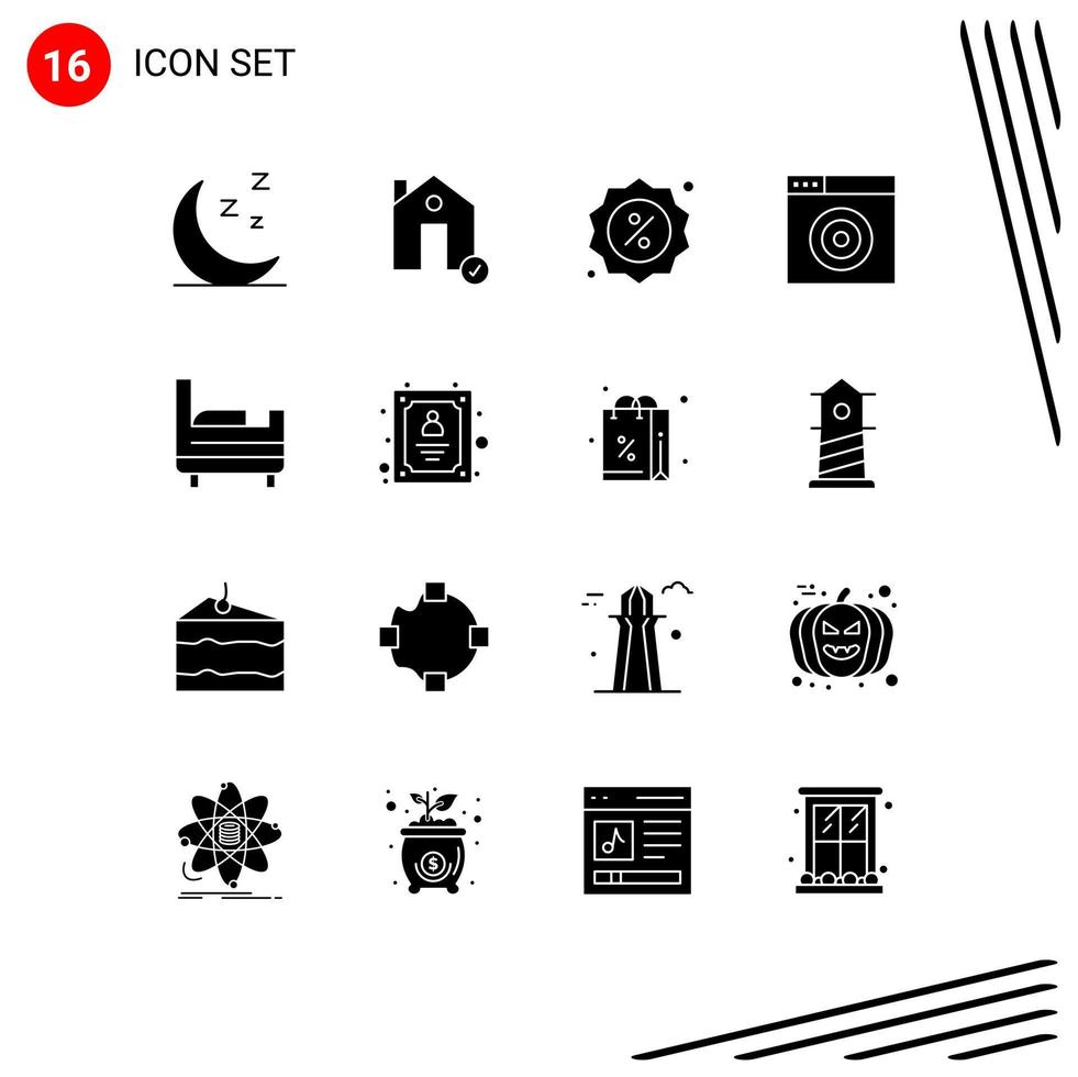 Pack of 16 Modern Solid Glyphs Signs and Symbols for Web Print Media such as account bed badge target find Editable Vector Design Elements