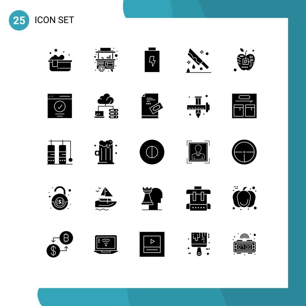 Pack of 25 creative Solid Glyphs of artificial murder battery knife halloween Editable Vector Design Elements