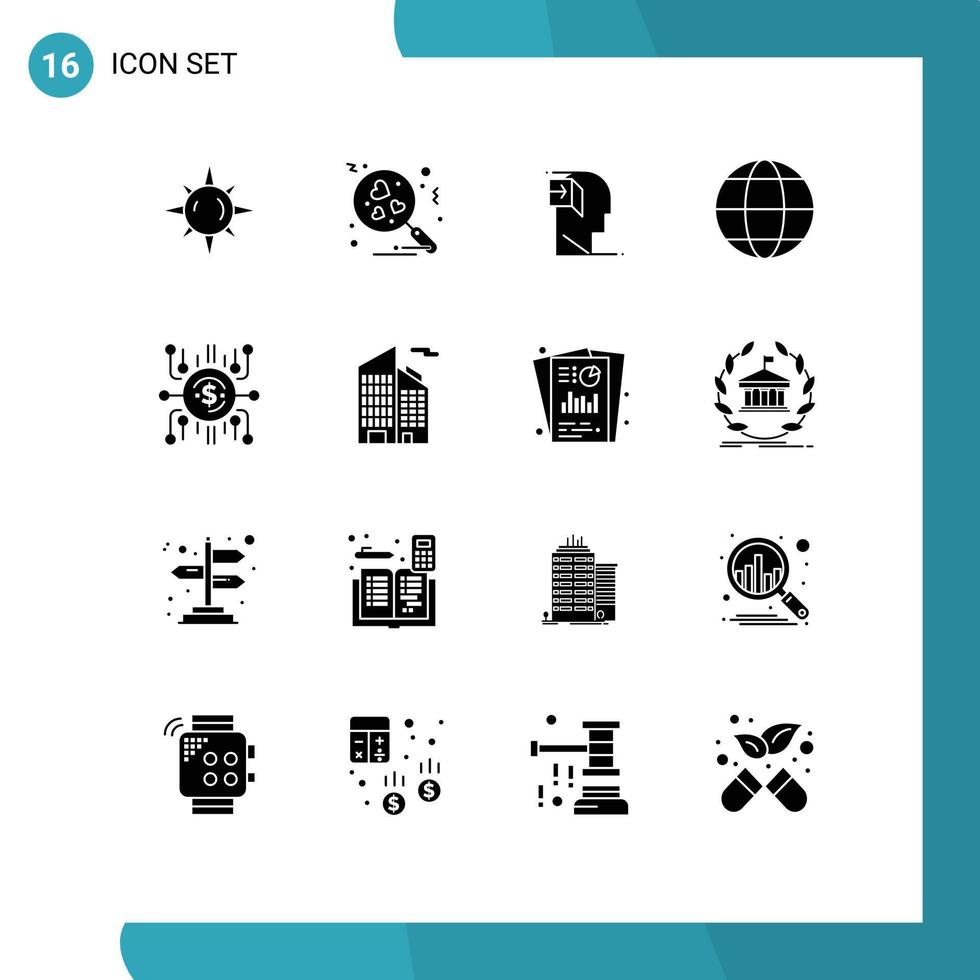 Pack of 16 Modern Solid Glyphs Signs and Symbols for Web Print Media such as crowdsale crowdfund inner globe education Editable Vector Design Elements