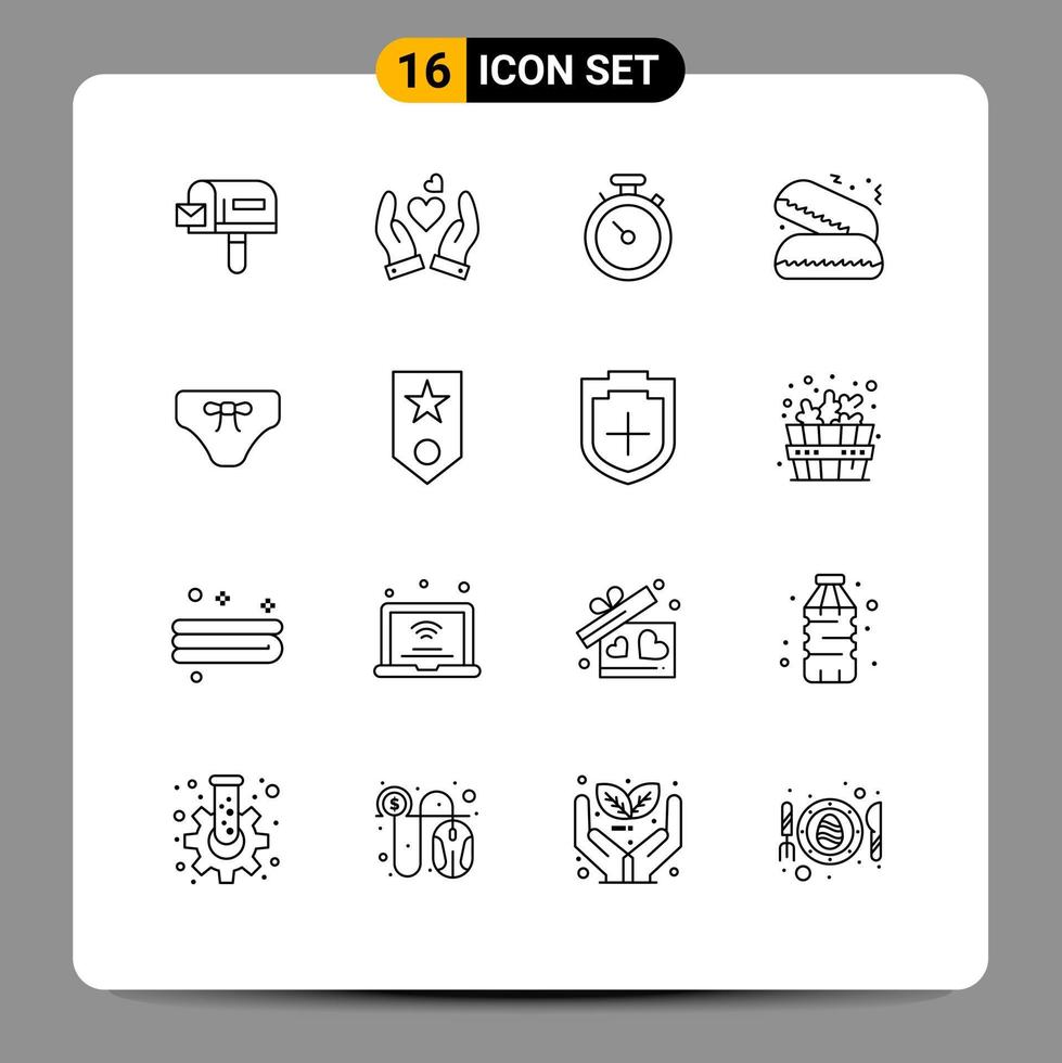 Pack of 16 Modern Outlines Signs and Symbols for Web Print Media such as clothes beach map underwear food Editable Vector Design Elements