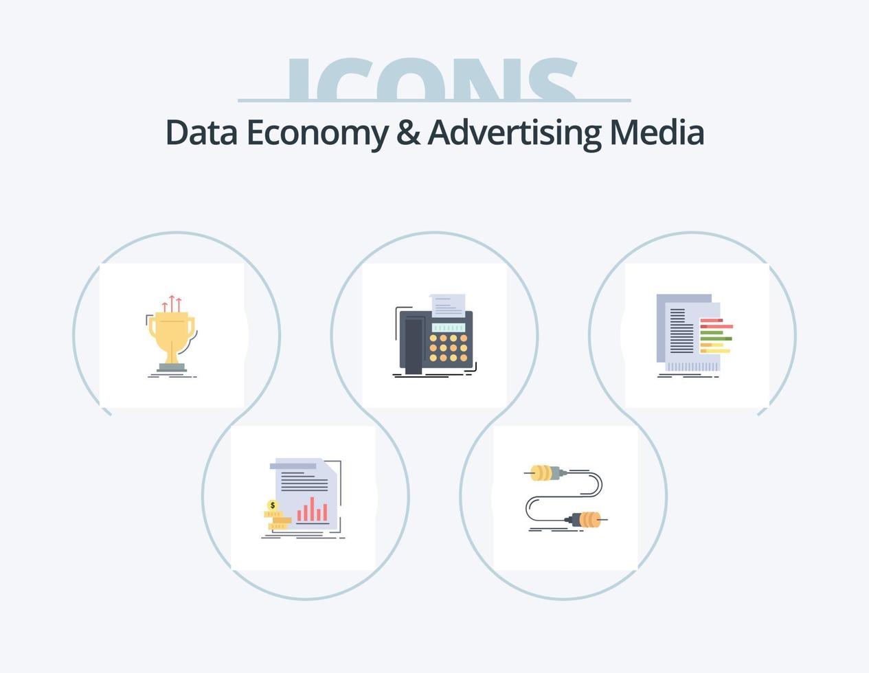 economía de datos y medios publicitarios paquete de iconos planos 5 diseño de iconos. teléfono. fax. marketing. premio. taza vector