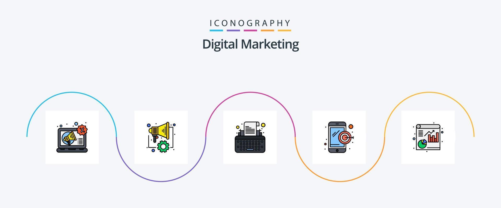 la línea de marketing digital llenó el paquete de iconos planos 5 que incluye el informe. analítica. llaves. móvil. diana vector