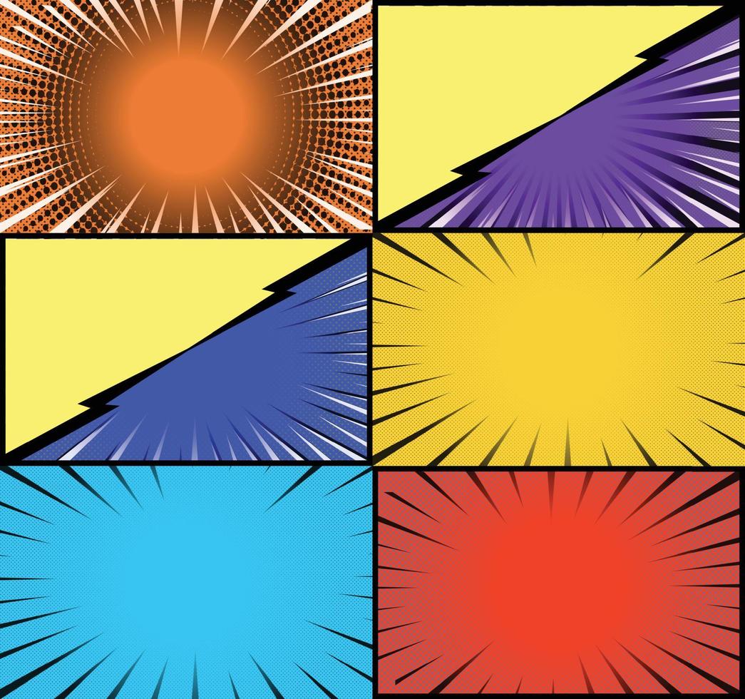 Comic book colorful frames background with halftone rays radial and dotted effects pop art style vector