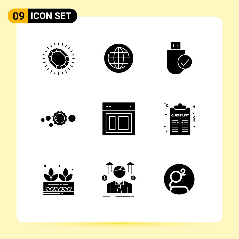 conjunto de glifos sólidos de interfaz móvil de 9 pictogramas del sistema solar elementos de diseño vectorial editables de hardware solar de internet vector