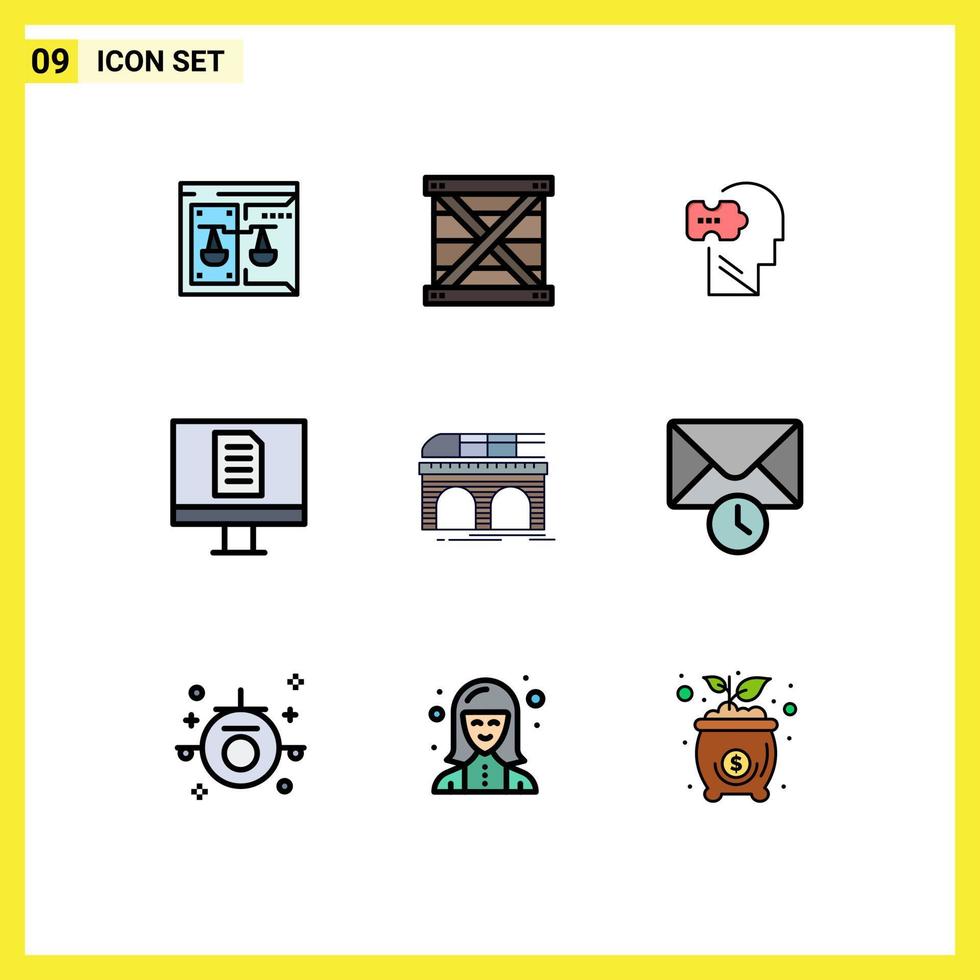 conjunto de pictogramas de 9 colores planos de línea de llenado simple de desarrollo de documentos metro problemas informáticos elementos de diseño vectorial editables vector