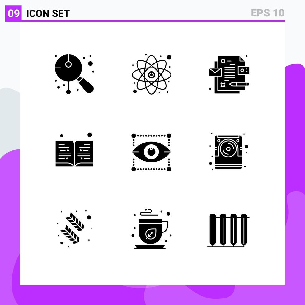 Mobile Interface Solid Glyph Set of 9 Pictograms of designing creativity study read book Editable Vector Design Elements