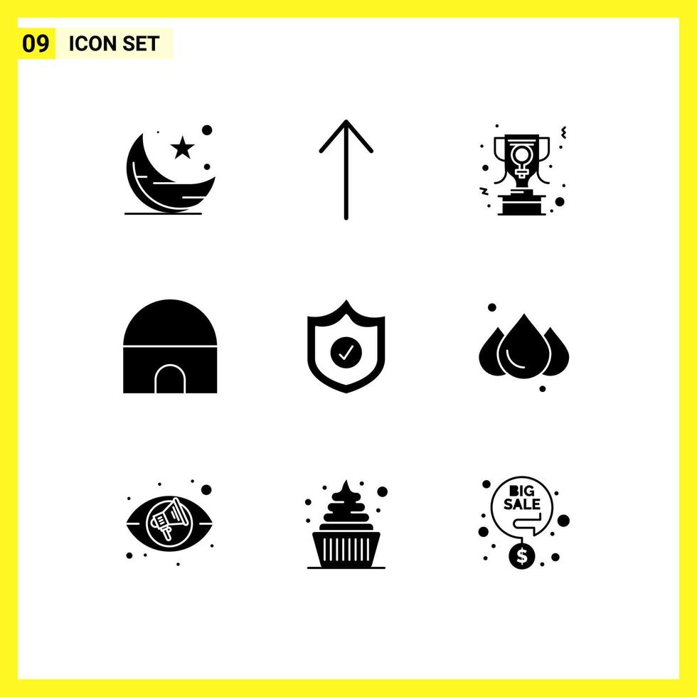 Set of 9 Vector Solid Glyphs on Grid for shield protection award mosque historical building Editable Vector Design Elements