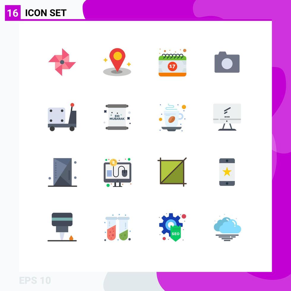 Flat Color Pack of 16 Universal Symbols of pump forklift event basic image Editable Pack of Creative Vector Design Elements