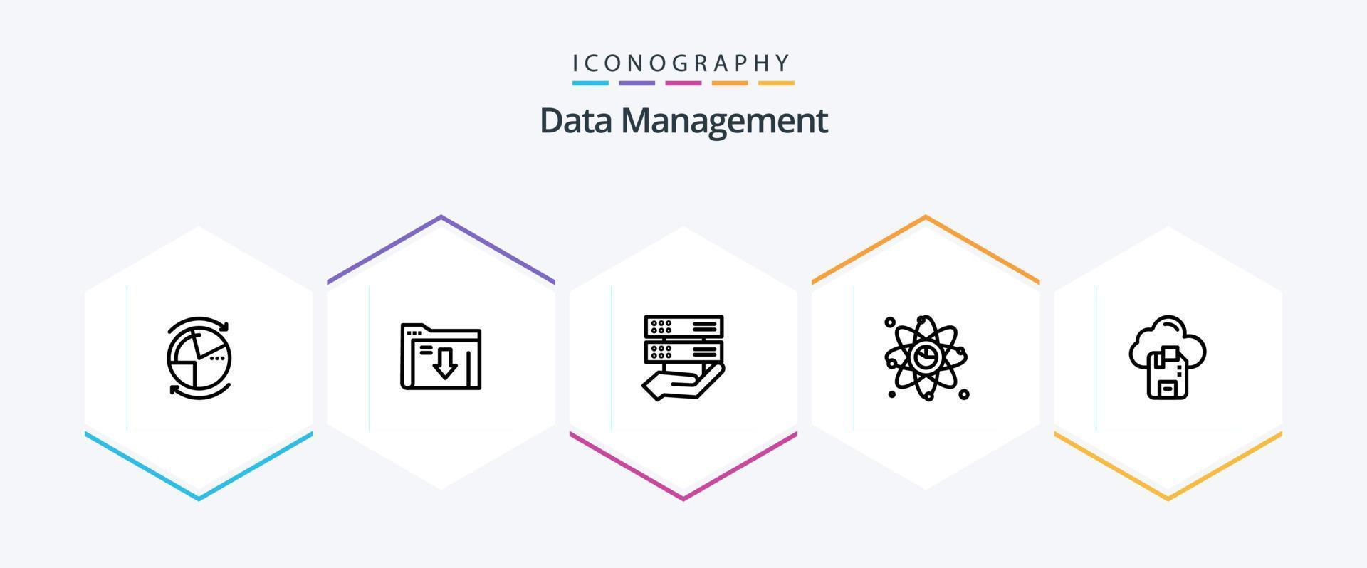 Data Management 25 Line icon pack including atom . control. folder . share . data vector