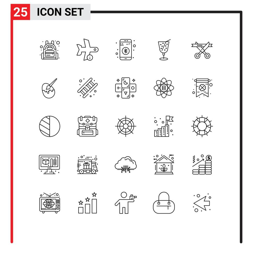 Line Pack of 25 Universal Symbols of modern business bluetooth juice beach Editable Vector Design Elements