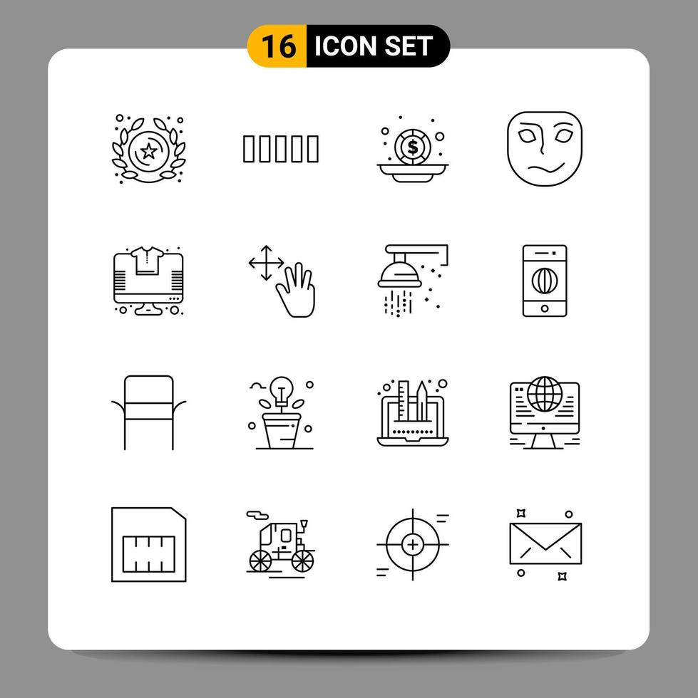 Pack of 16 Modern Outlines Signs and Symbols for Web Print Media such as store online investment mask emotion Editable Vector Design Elements