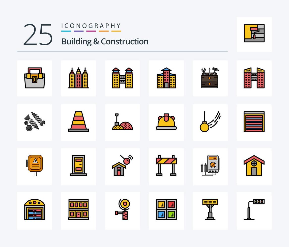 paquete de iconos llenos de 25 líneas de construcción y construcción, incluida la construcción. edificios edificio. herramientas. caja vector