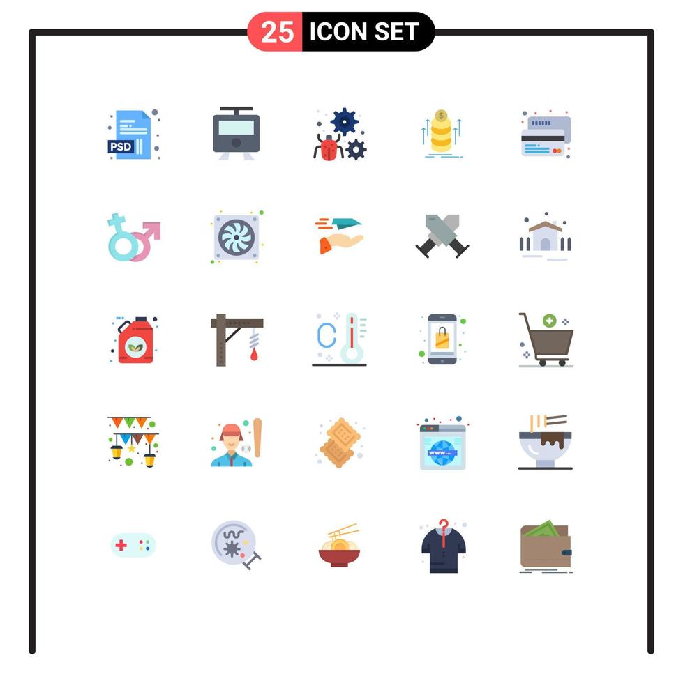 Flat Color Pack of 25 Universal Symbols of card coins antivirus transfer money Editable Vector Design Elements