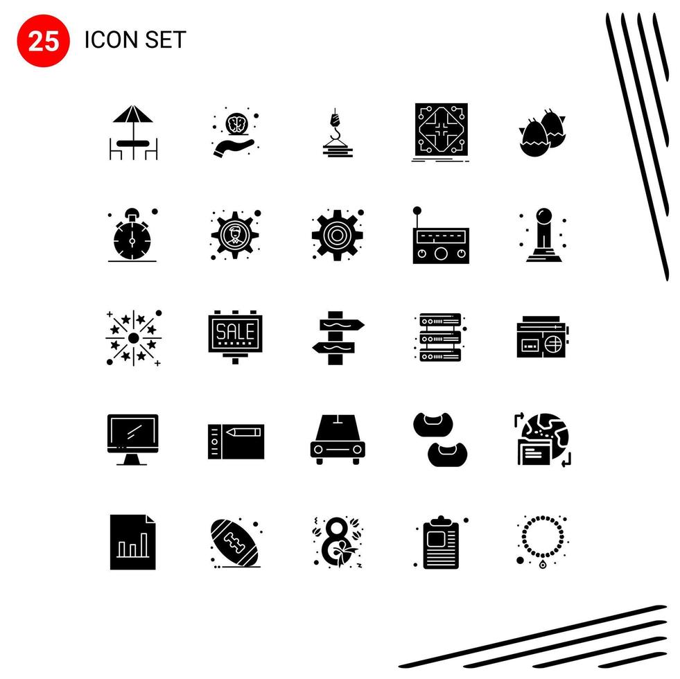 Pack of 25 Modern Solid Glyphs Signs and Symbols for Web Print Media such as grid network crane infrastructure hook Editable Vector Design Elements