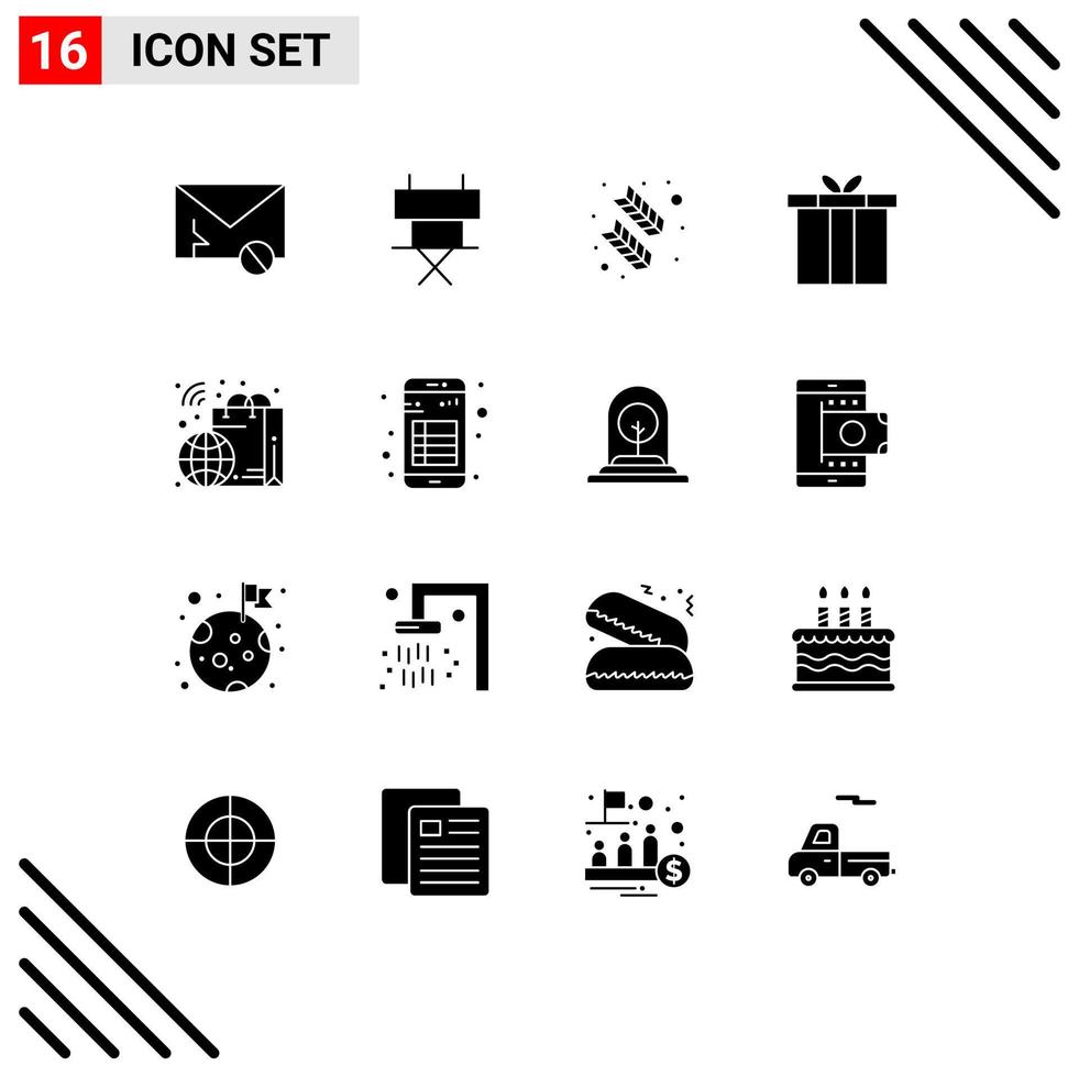 16 Thematic Vector Solid Glyphs and Editable Symbols of bag christmas folding chair box quinn feather Editable Vector Design Elements