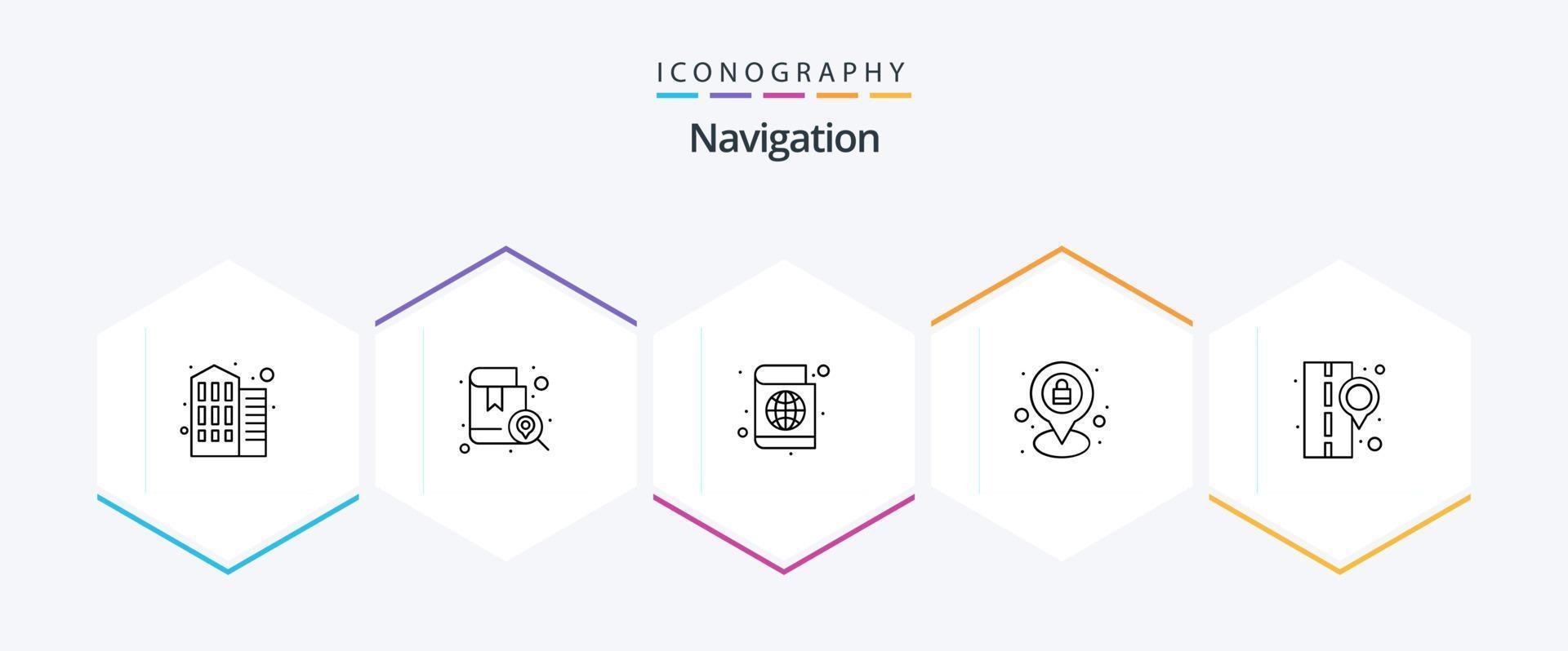 Navigation 25 Line icon pack including map pin. road. passport book. location. lock vector