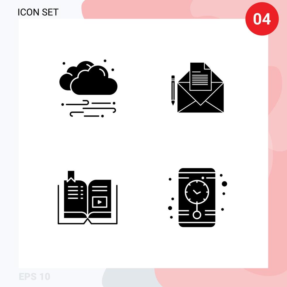 Mobile Interface Solid Glyph Set of 4 Pictograms of weather video cloud fax education Editable Vector Design Elements