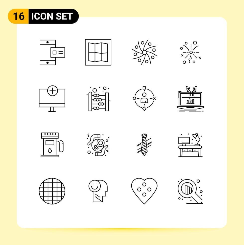 Group of 16 Modern Outlines Set for gadget computers planet add light Editable Vector Design Elements