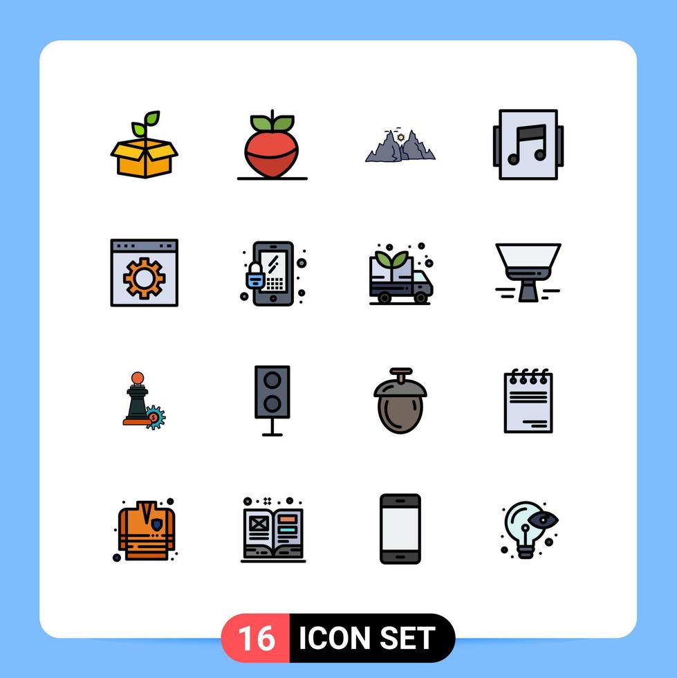 paquete de iconos vectoriales de stock de 16 signos y símbolos de línea para escaparate de engranajes música de montaña sol elementos de diseño de vectores creativos editables