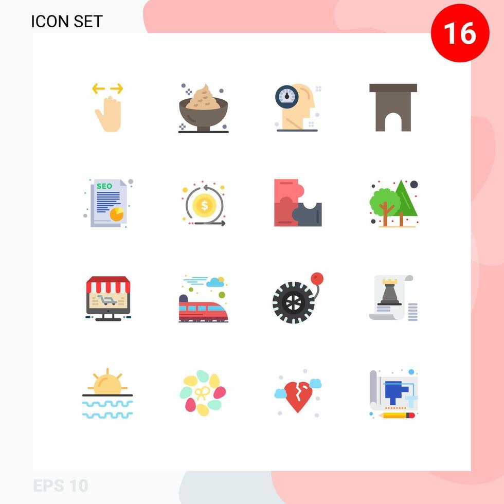 User Interface Pack of 16 Basic Flat Colors of marketplace building mashed thinking head Editable Pack of Creative Vector Design Elements