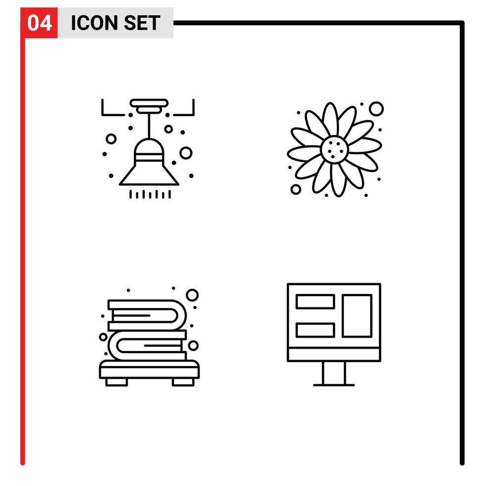 Pack of 4 creative Filledline Flat Colors of chandelier bookshelf light sun flower monitor Editable Vector Design Elements