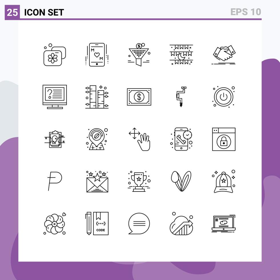 conjunto de 25 iconos de interfaz de usuario modernos símbolos signos para decoración de apretón de manos filtro celebración luna elementos de diseño vectorial editables vector
