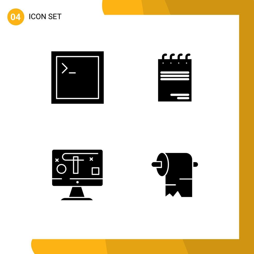Mobile Interface Solid Glyph Set of 4 Pictograms of code display notepad signature cleaning Editable Vector Design Elements
