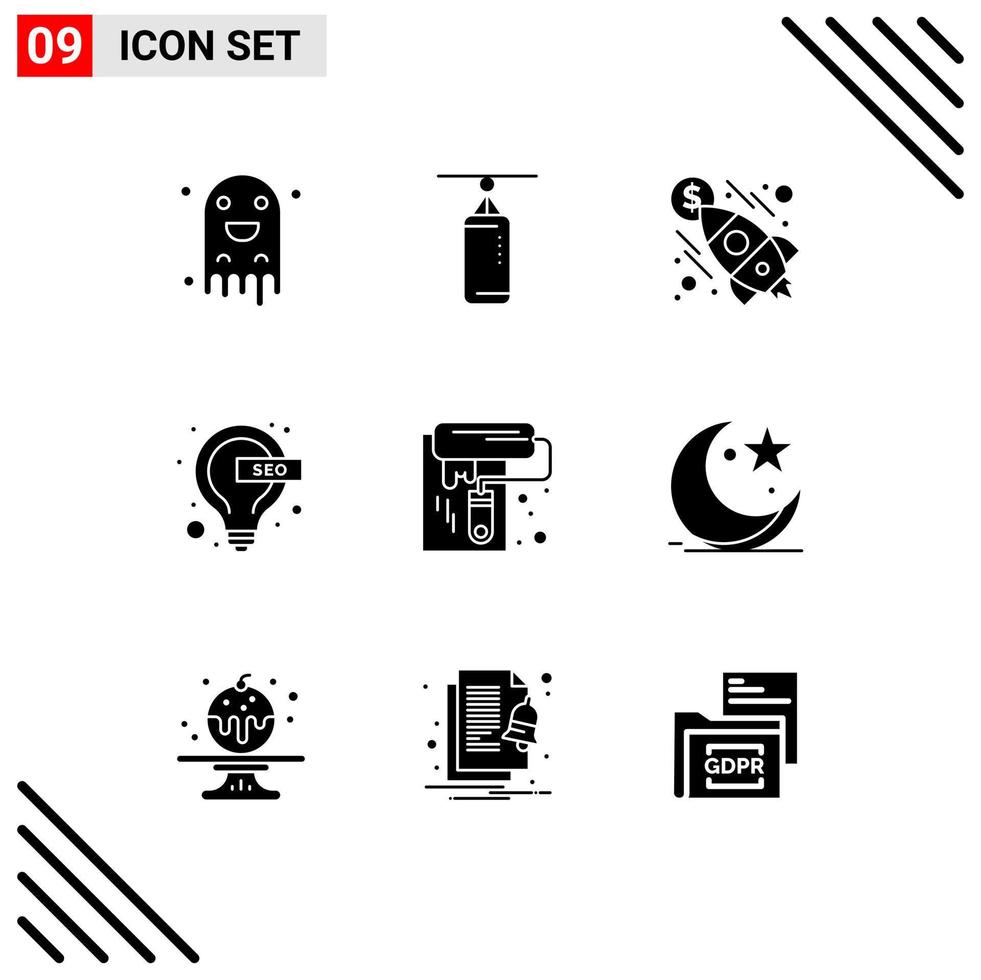 Mobile Interface Solid Glyph Set of 9 Pictograms of paint seo business lamp bulb Editable Vector Design Elements