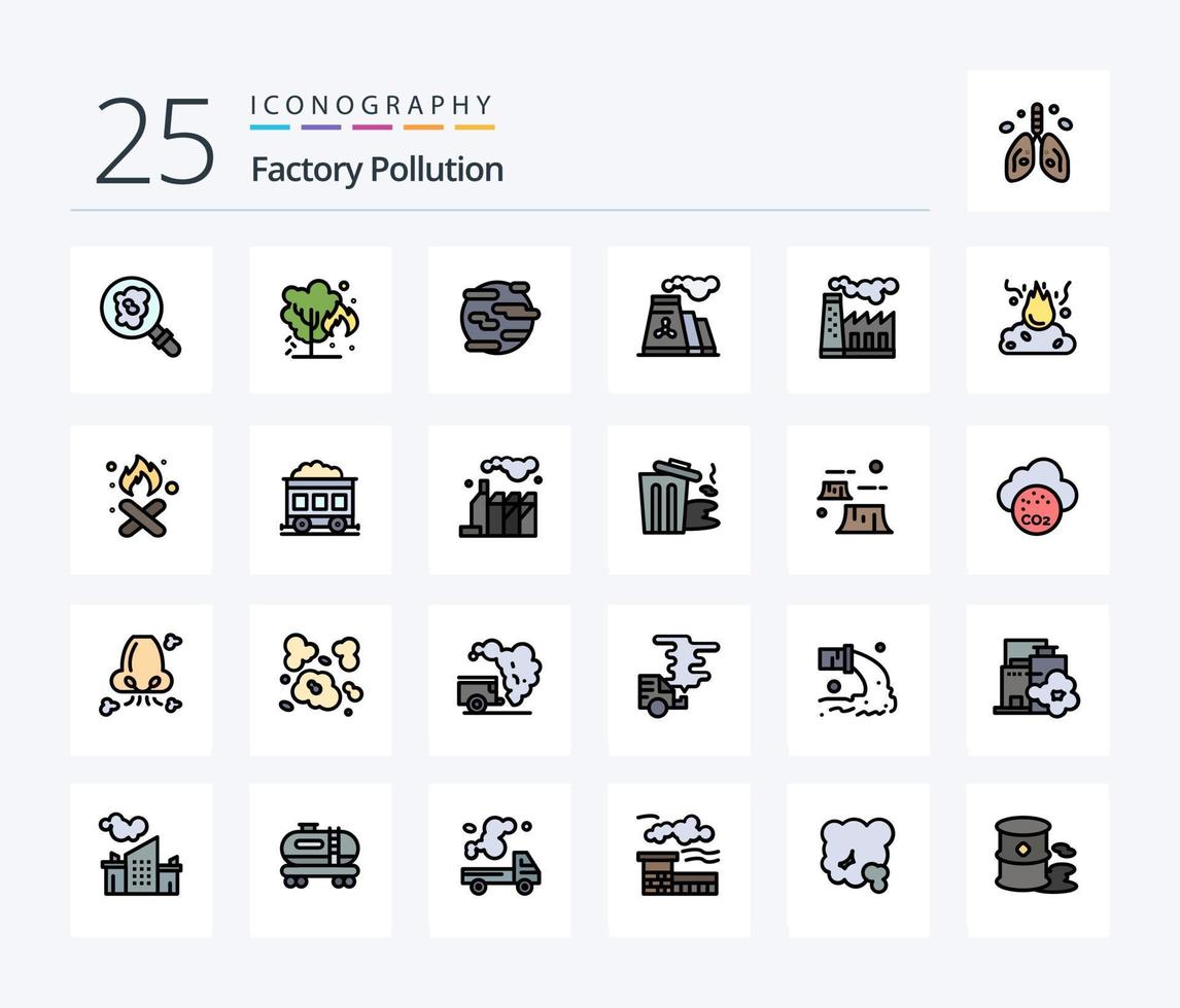 Factory Pollution 25 Line Filled icon pack including fire. smoke. help. production. factory vector