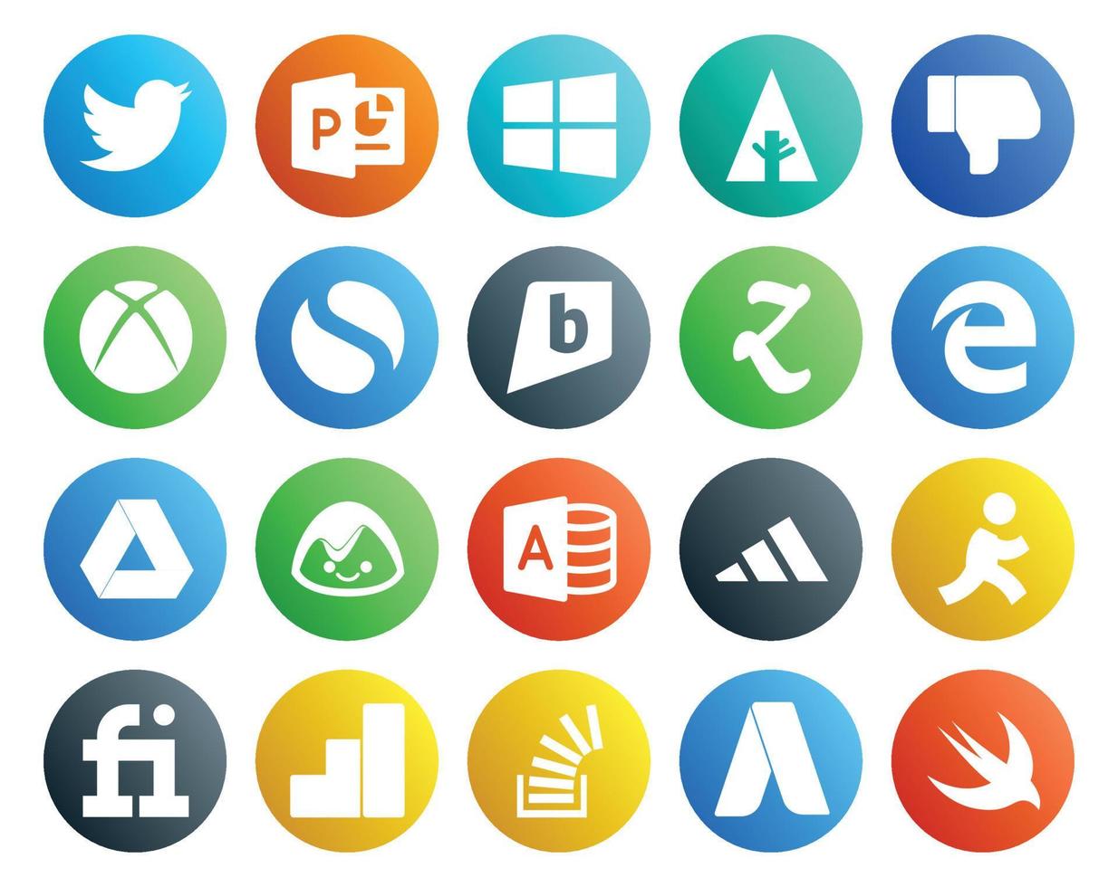 Paquete de 20 íconos de redes sociales que incluye google analytics aim brightkite adidas basecamp vector