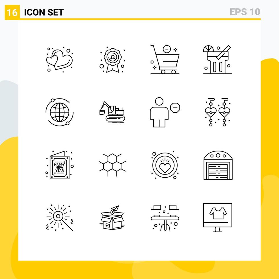 paquete de 16 signos y símbolos de contornos modernos para medios de impresión web, como elementos de diseño de vectores editables de bebidas mundiales de comercio de grúas