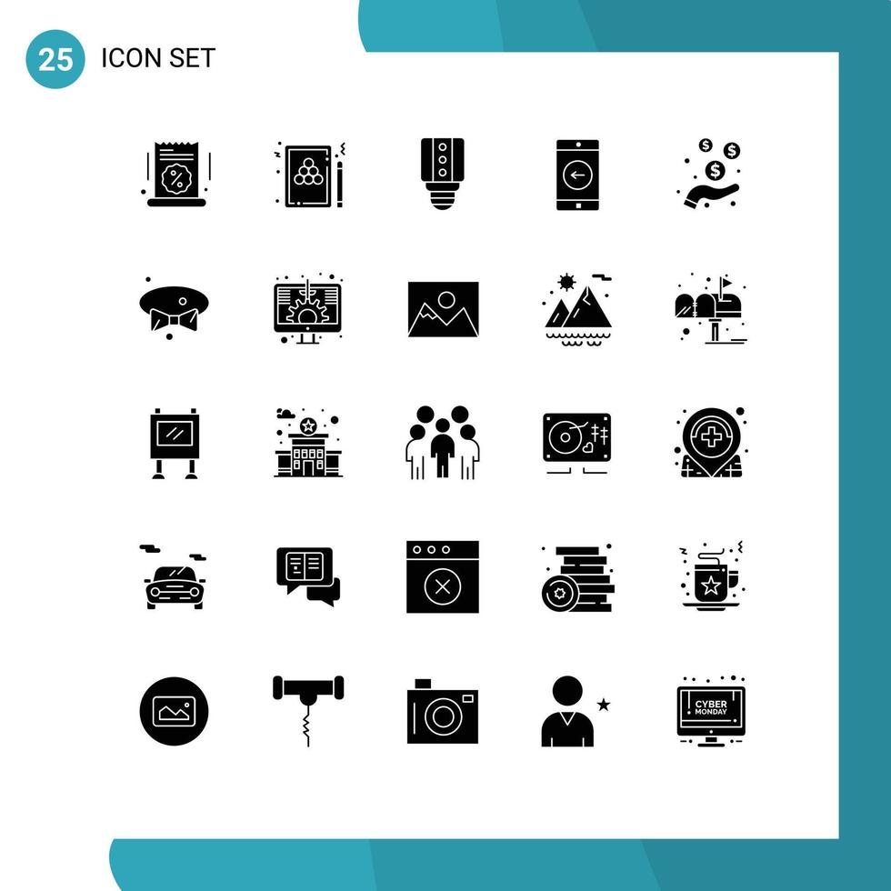 Pictogram Set of 25 Simple Solid Glyphs of dollar mobile application billiards mobile light Editable Vector Design Elements