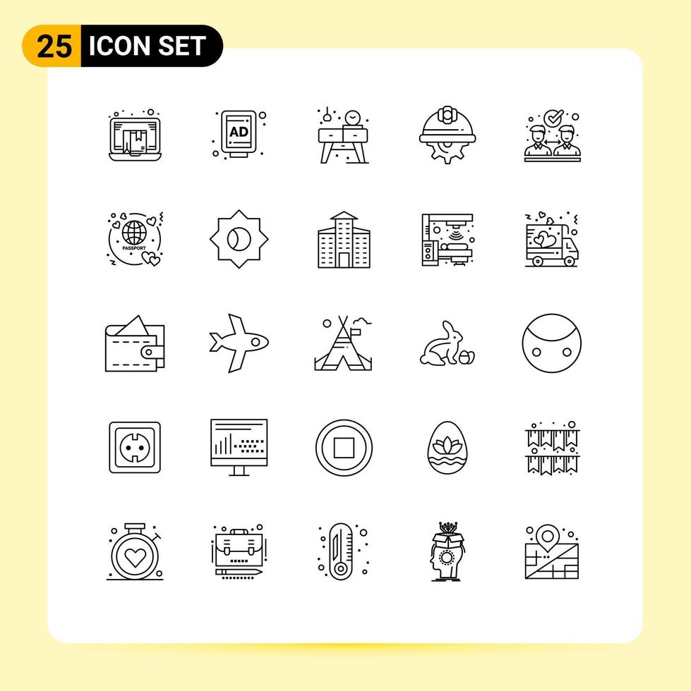 Mobile Interface Line Set of 25 Pictograms of labour gear street day watch Editable Vector Design Elements