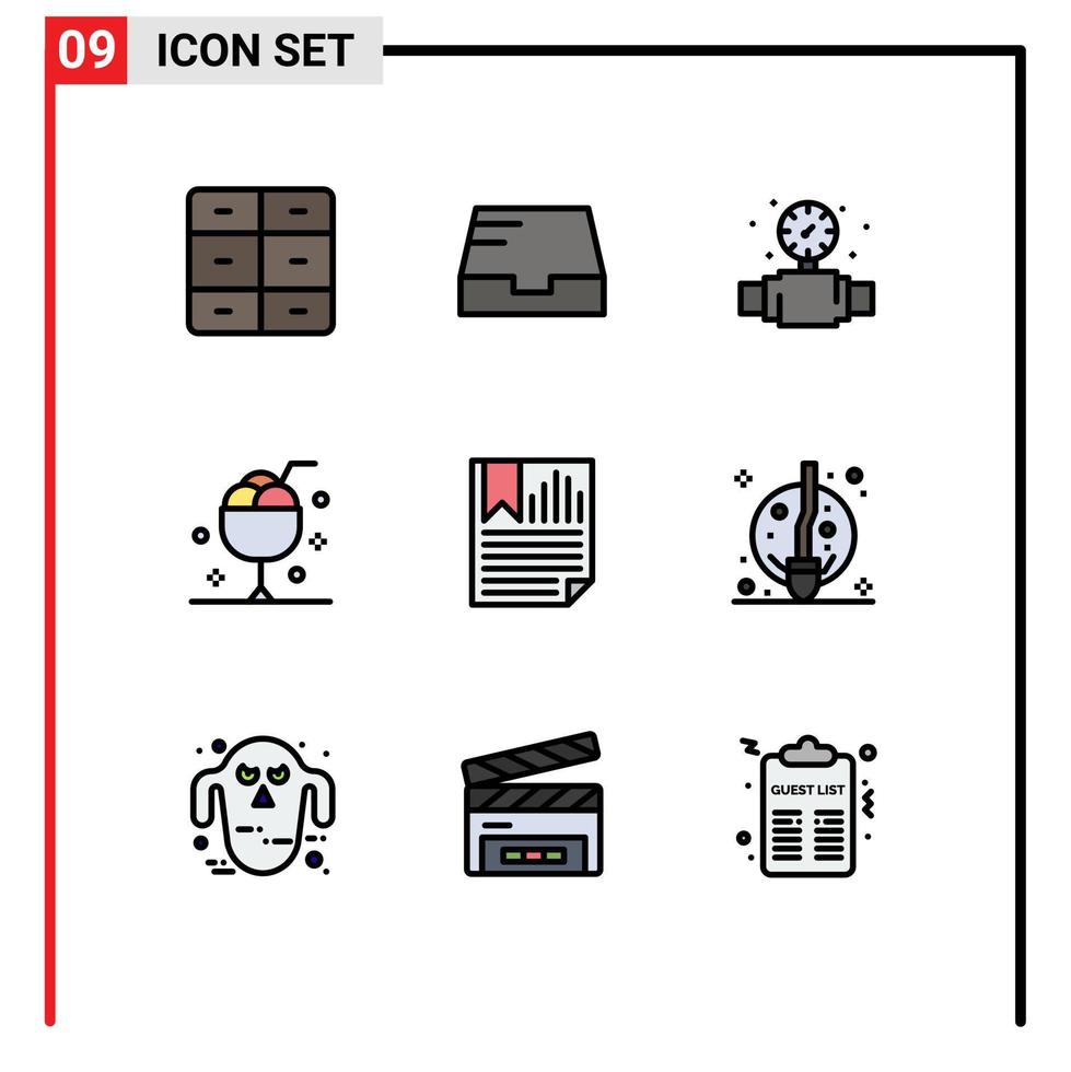 grupo de 9 signos y símbolos de colores planos de línea de relleno para elementos de diseño vectorial editables de postre de hielo mecánico de verano de datos vector