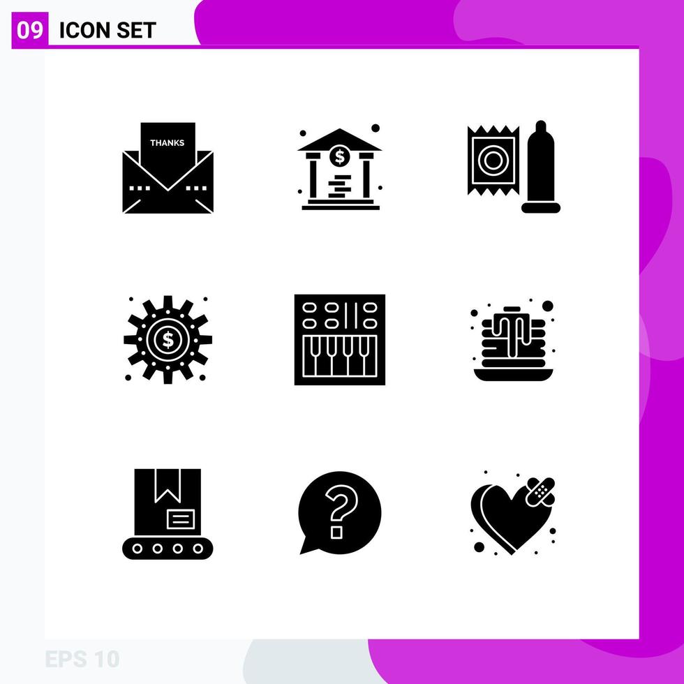 paquete de iconos de vector de stock de 9 signos y símbolos de línea para elementos de diseño de vector editables de engranajes de dinero de condón de proceso amplificador