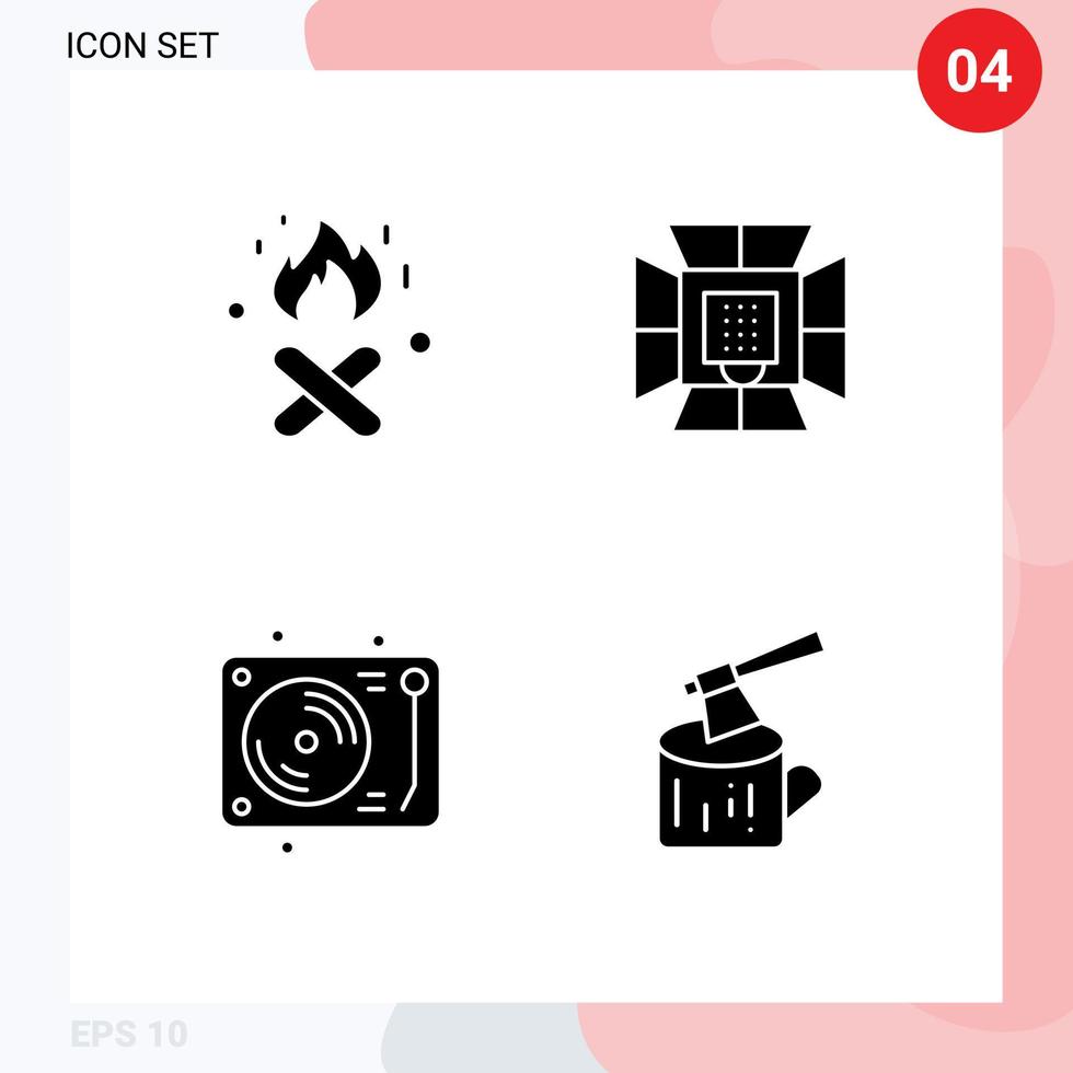 Mobile Interface Solid Glyph Set of 4 Pictograms of fire dis illumination professional party Editable Vector Design Elements