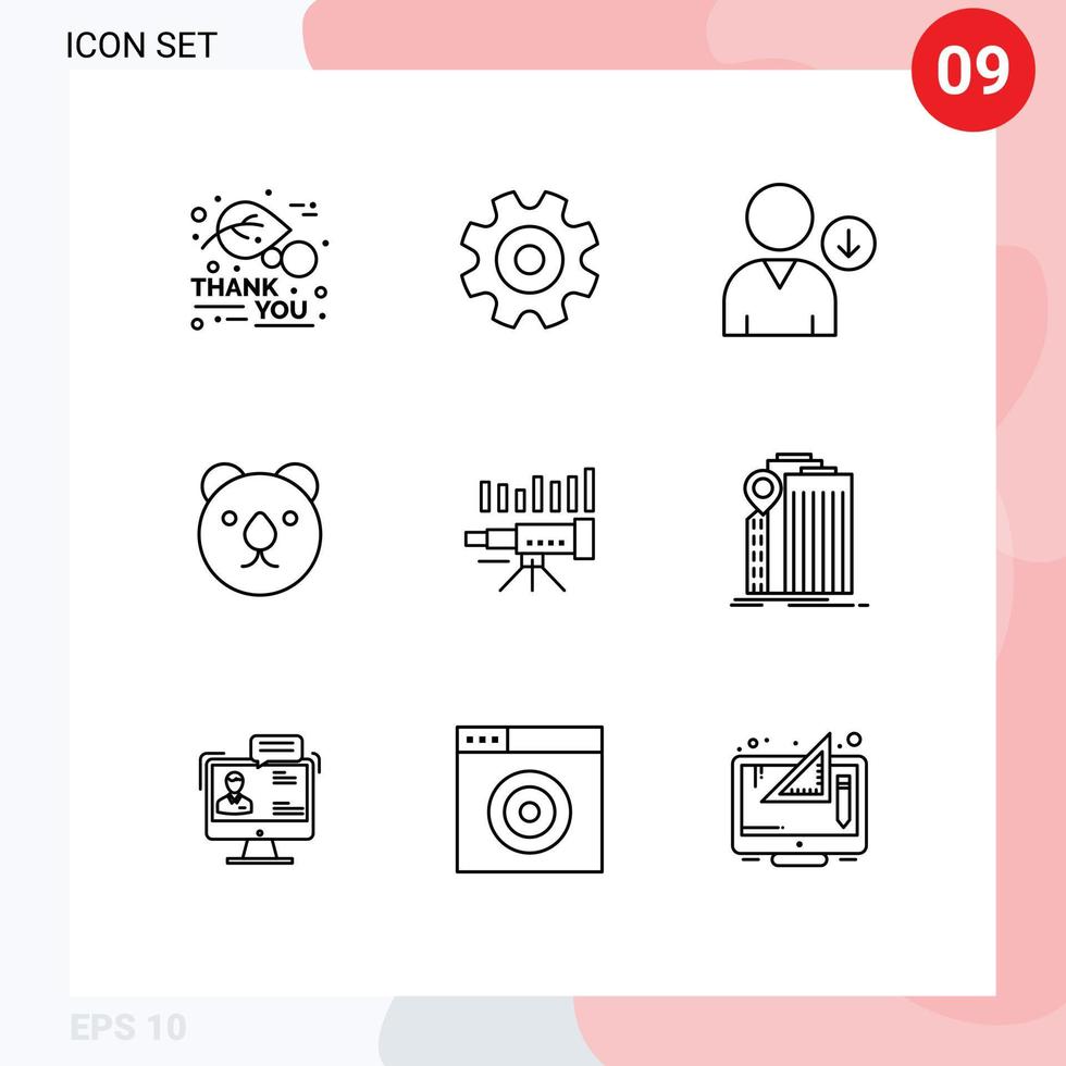 Paquete de 9 esquemas de interfaz de usuario de signos y símbolos modernos de negocios de pronóstico hacia abajo elementos de diseño de vector editables de cabeza de telescopio